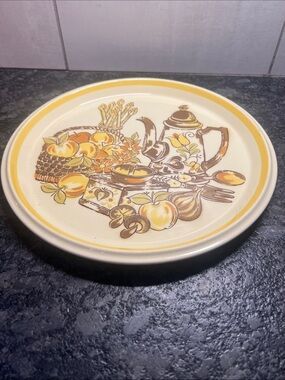 Vintage Ceramic Serving Plate with Yellow Fruit Motif.  Brown and Golds